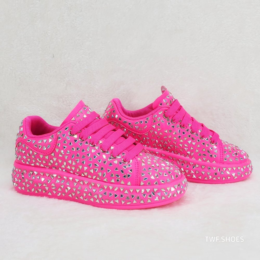 Geo Dazzle Cush Iridescent Stone Hot Pink Platform Sneakers Tennis Shoes - Picture 5 of 11